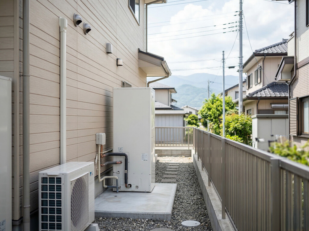 住宅の設置スペースを見ながらエコキュートの置き場を考えるイメージ