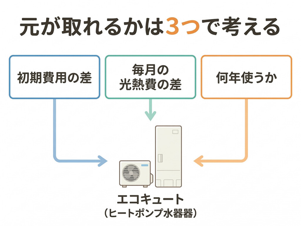 エコキュートが元を取れるかを初期費用差、毎月差、使用年数で考える図解