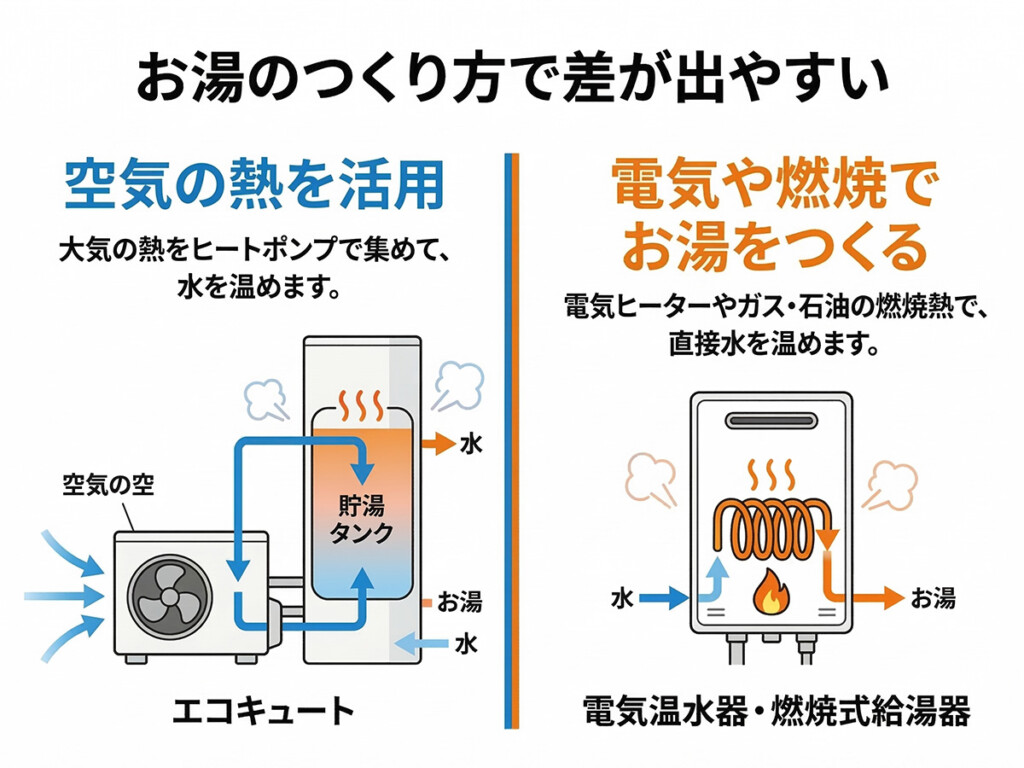 エコキュートと他の給湯器でお湯のつくり方が違うことを示す図解
