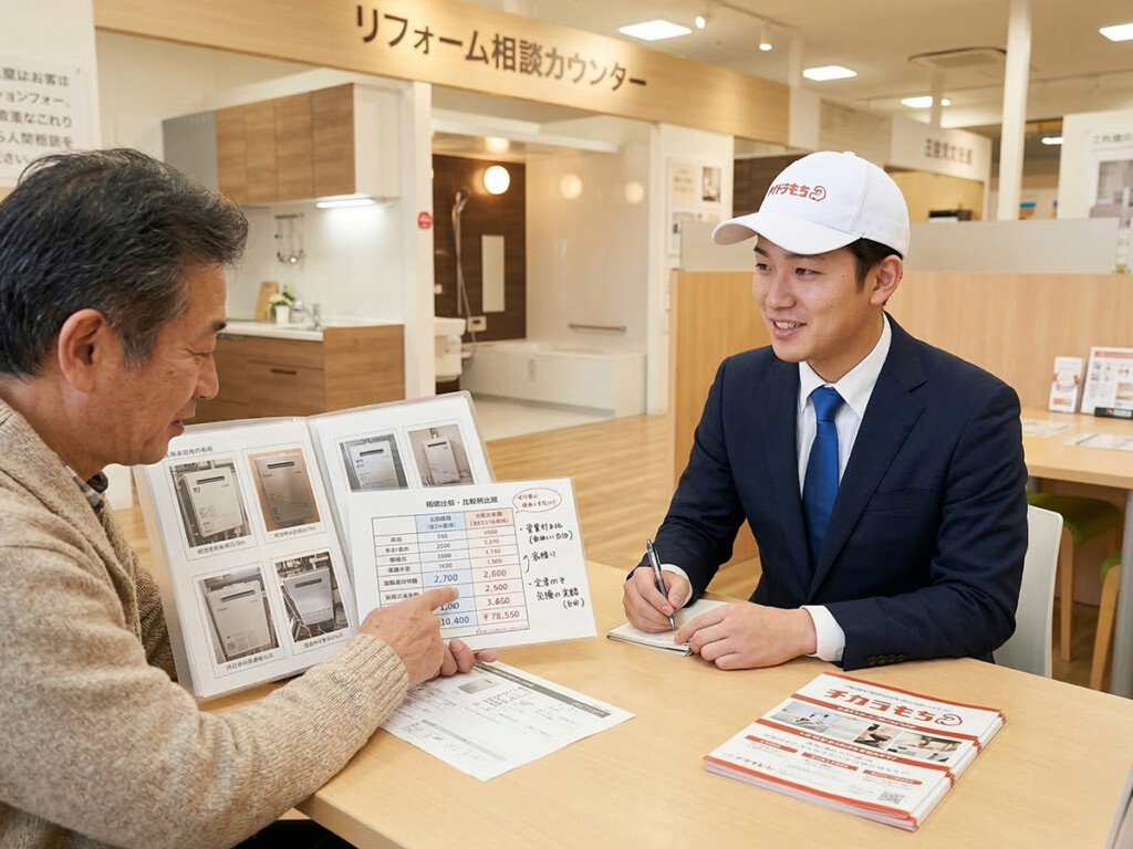 店舗スタッフに給湯設備の写真や資料を見せながら相談しているイメージ