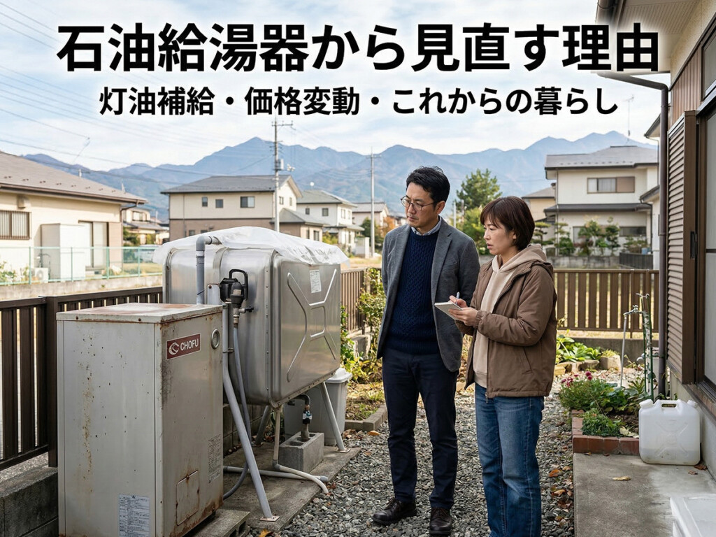 石油給湯器と灯油タンクを見ながら交換を検討しているイメージ