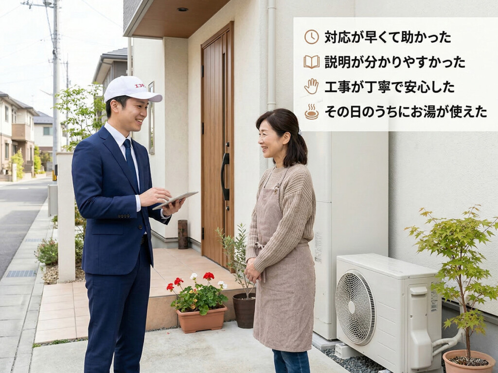 エコキュート工事や説明に満足して安心した様子のイメージ