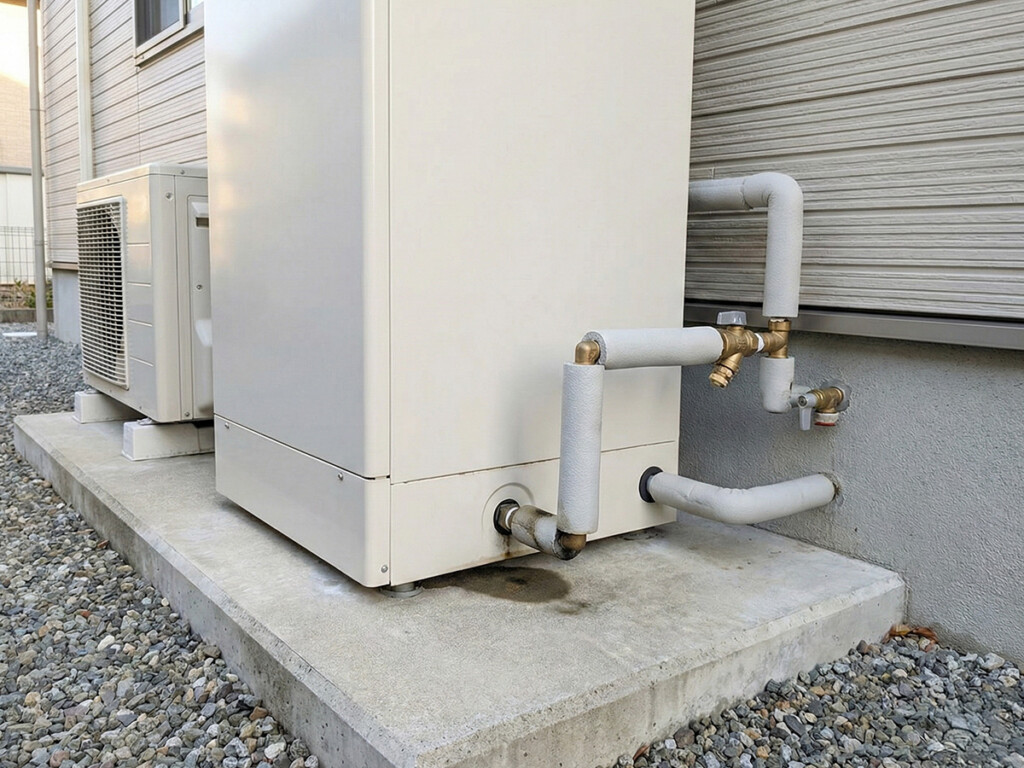 エコキュート本体と配管まわりの様子