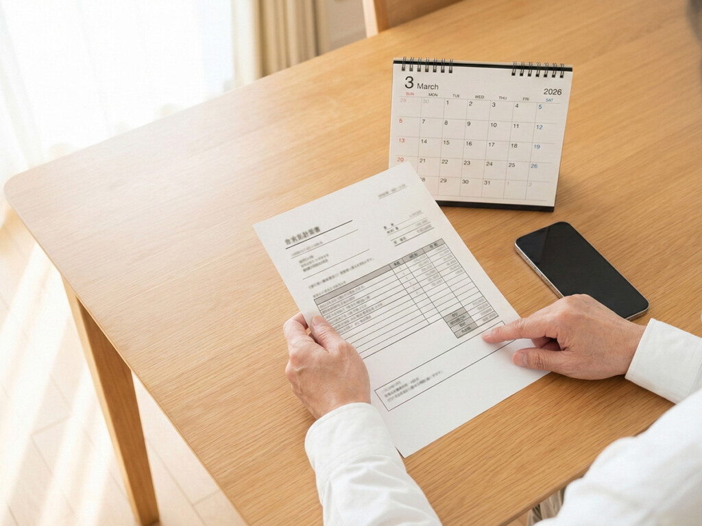 見積書とカレンダーを見ながら修理か交換か検討する手元