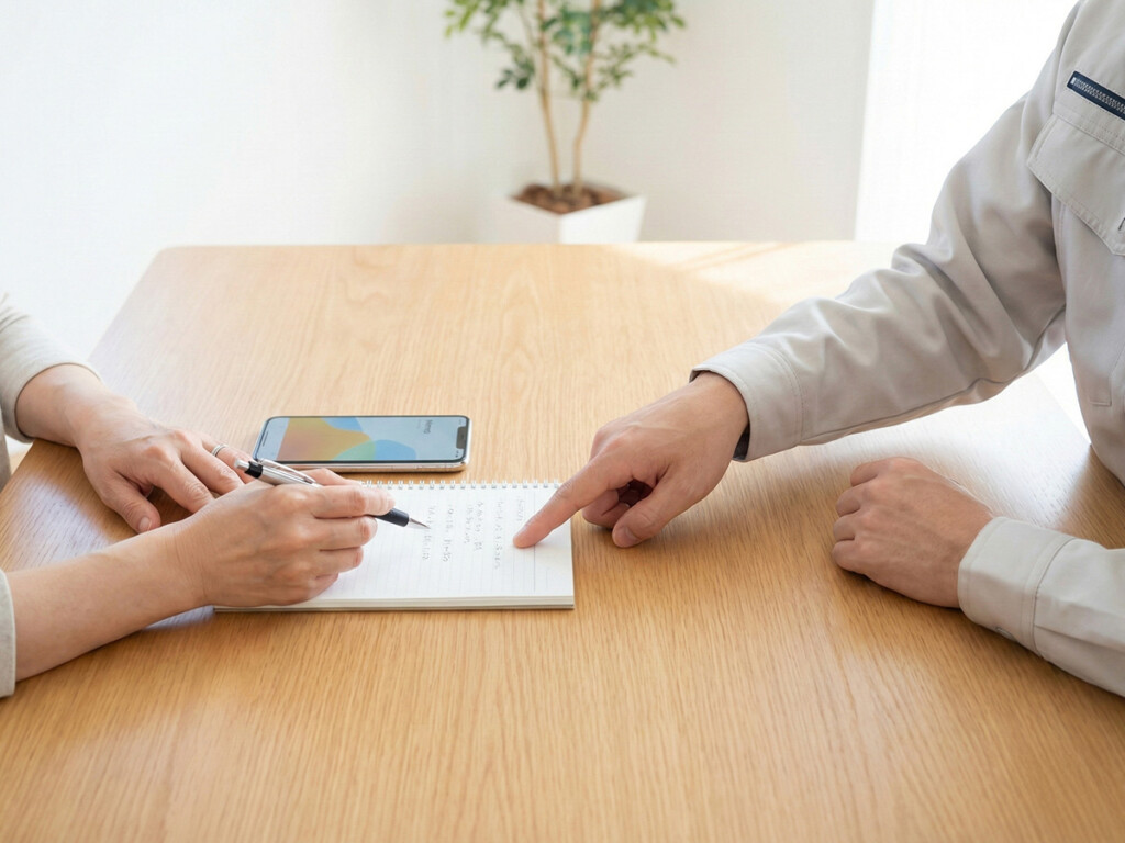 メモとスマホで確認ポイントを整理している様子