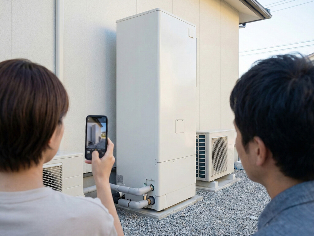 屋外のエコキュートをスマホで撮影している様子