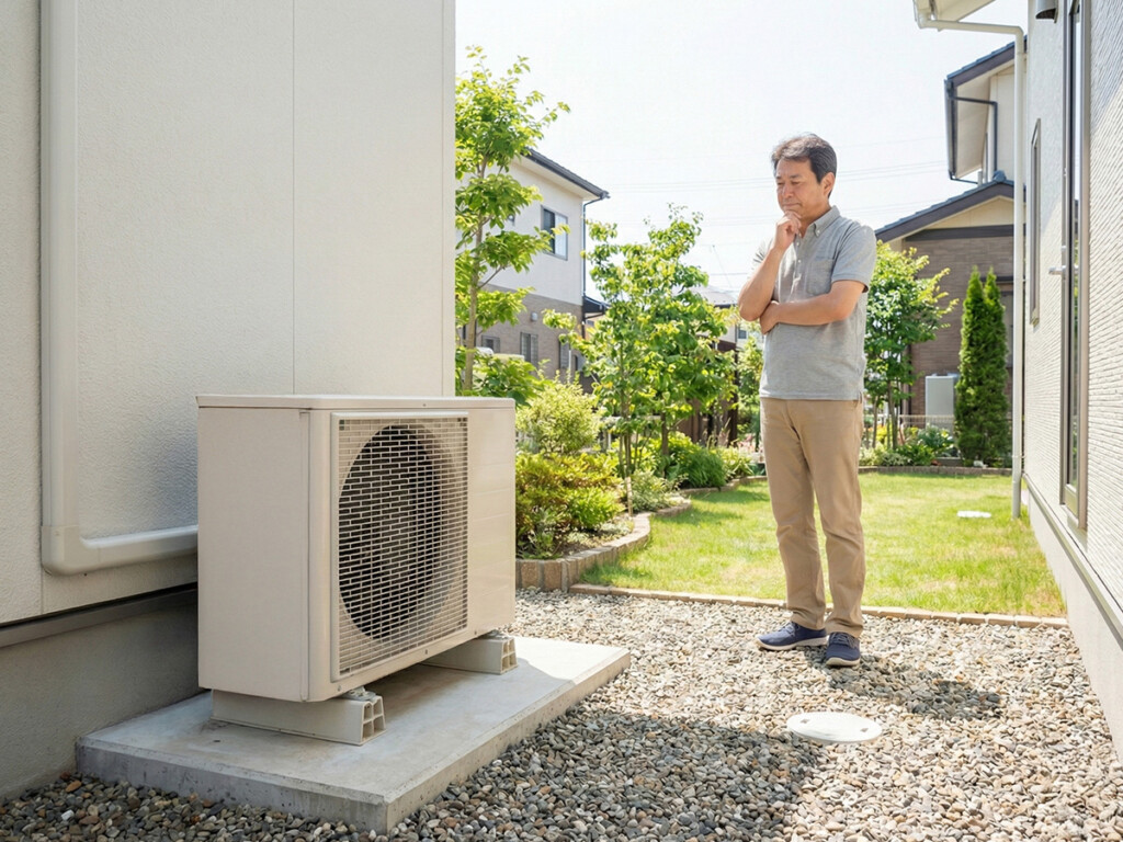 屋外ユニットを確認し、音の違和感を確かめる様子