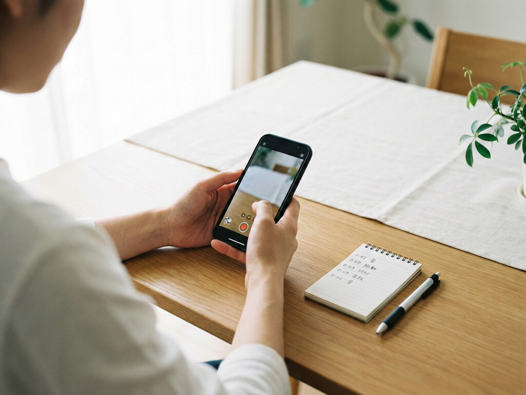 スマホとメモで異音の状況を整理している手元