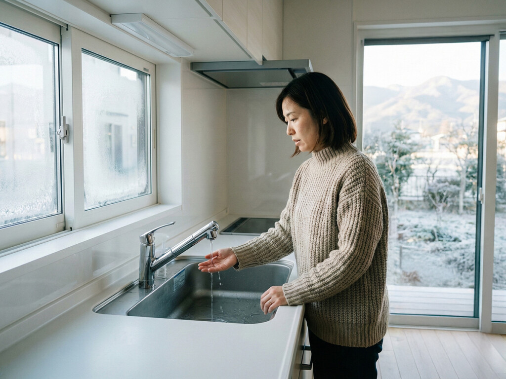 冬の朝にお湯の出を確認している様子