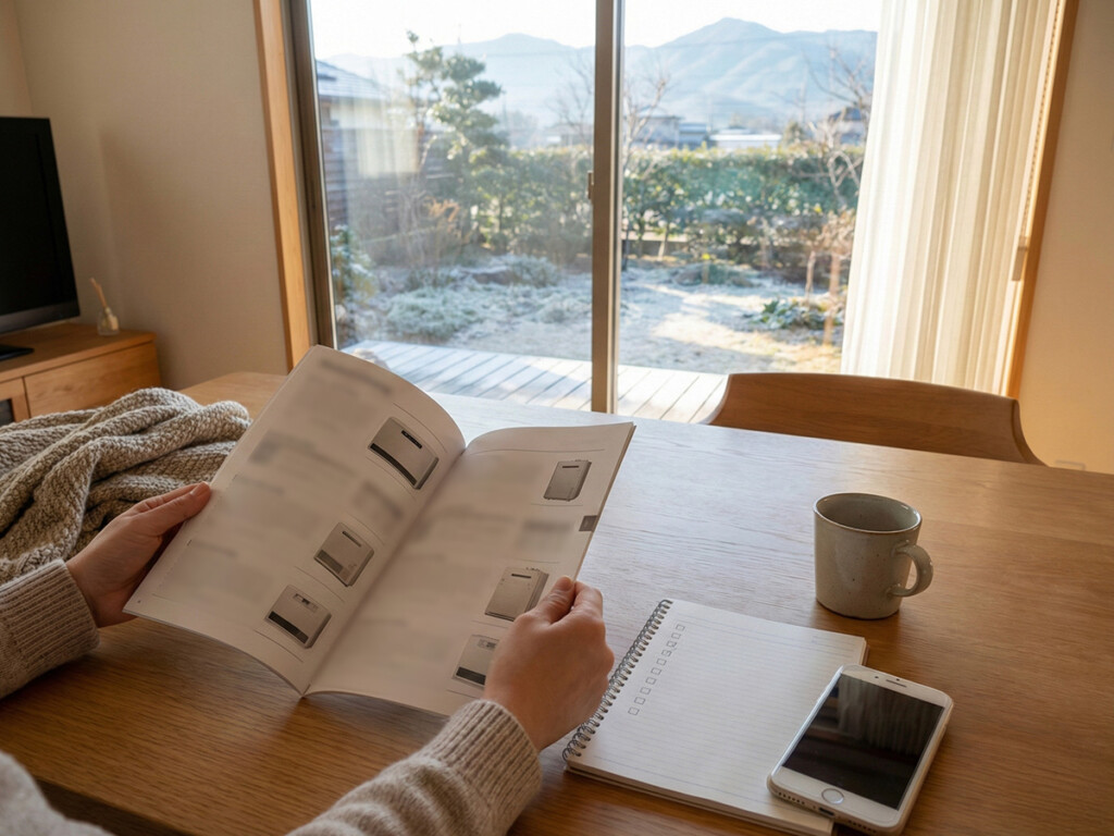 カタログとメモで寒冷地仕様を検討している手元