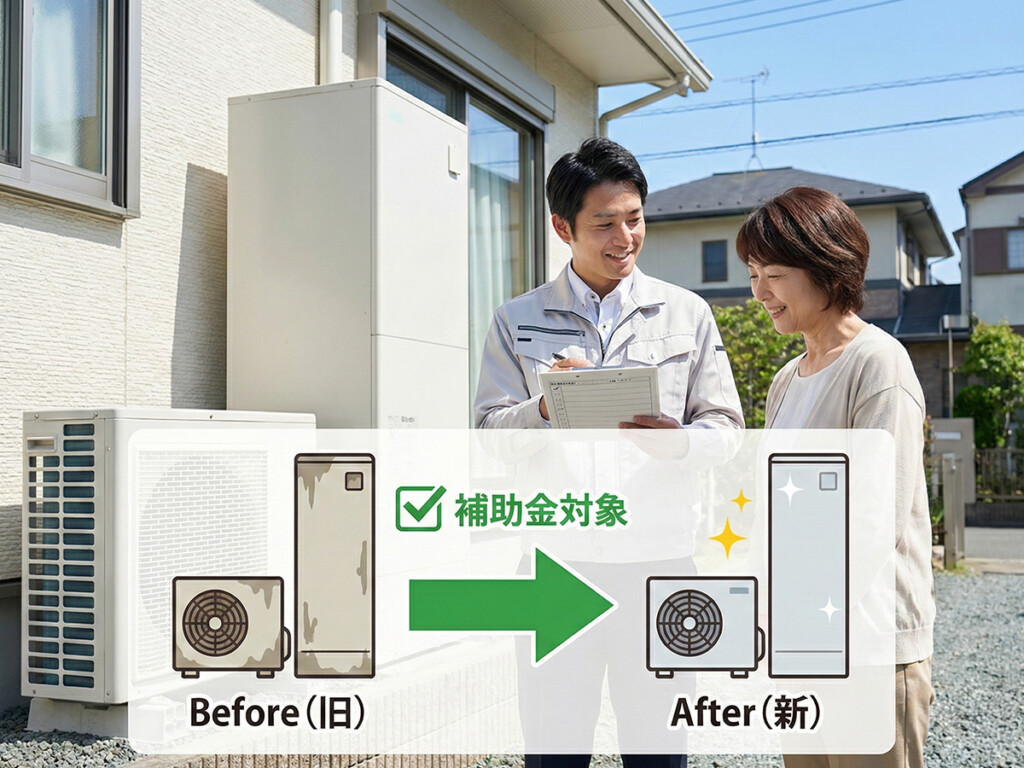 エコキュート交換が対象になるイメージを、点検中の日本人作業員と図解アイコンで表した画像