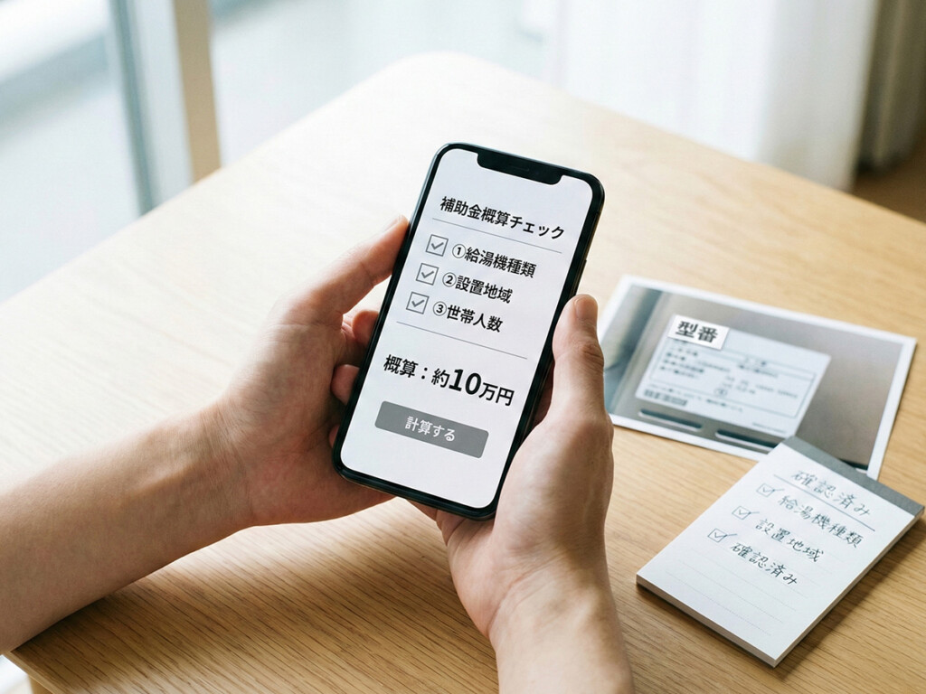 スマホで補助額の目安を概算チェックしている手元と、型番メモを並べたイメージ