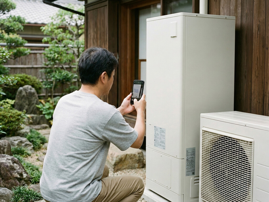 エコキュートの型番を撮影して確認する様子
