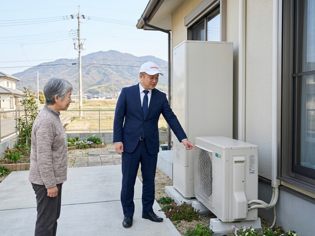 屋外機を安全な距離で目視して確認している様子