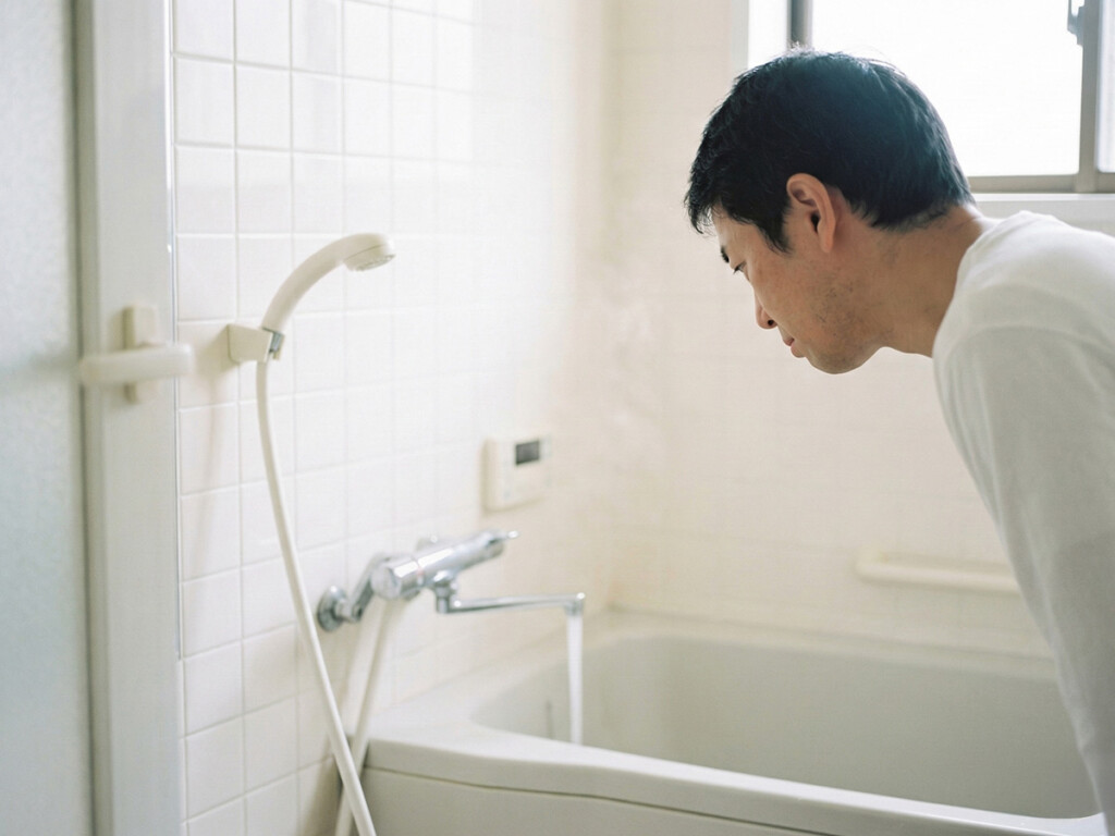 浴室で湯温の違和感を確認している様子