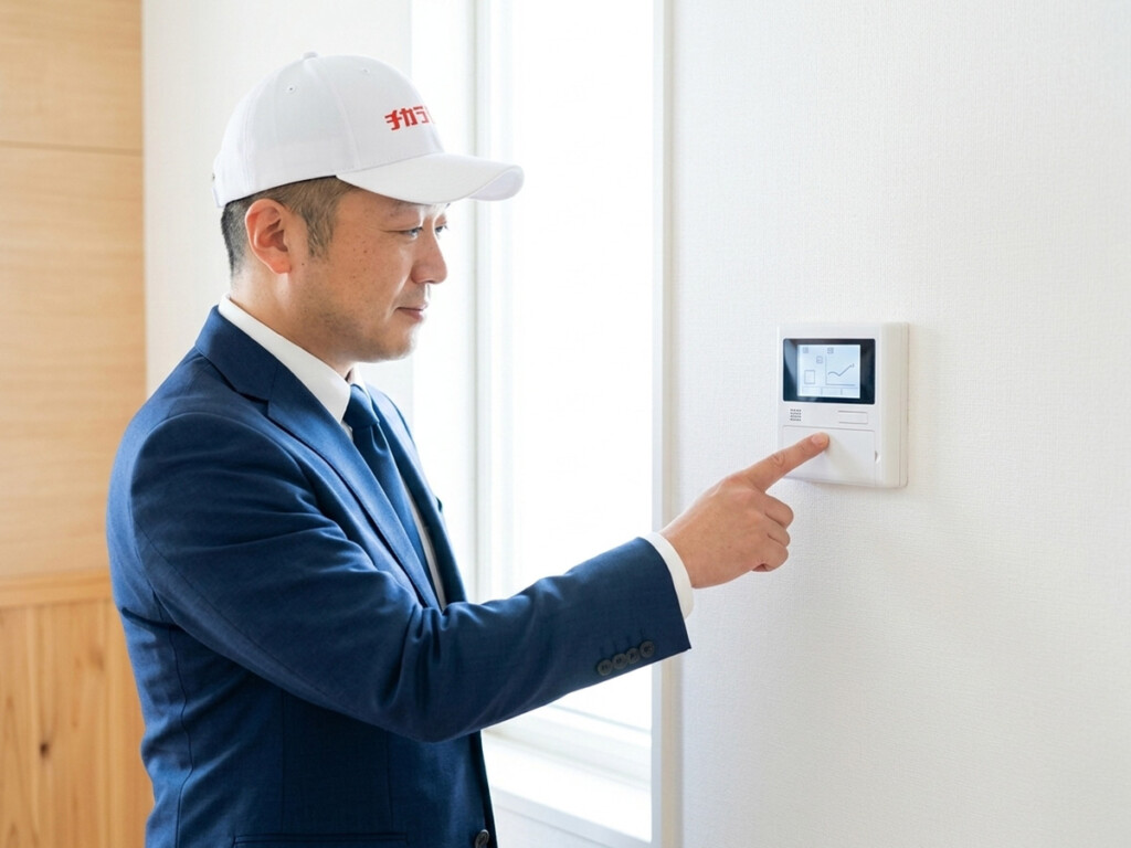 リモコン表示を見ながら設定と湯量の確認をしている様子