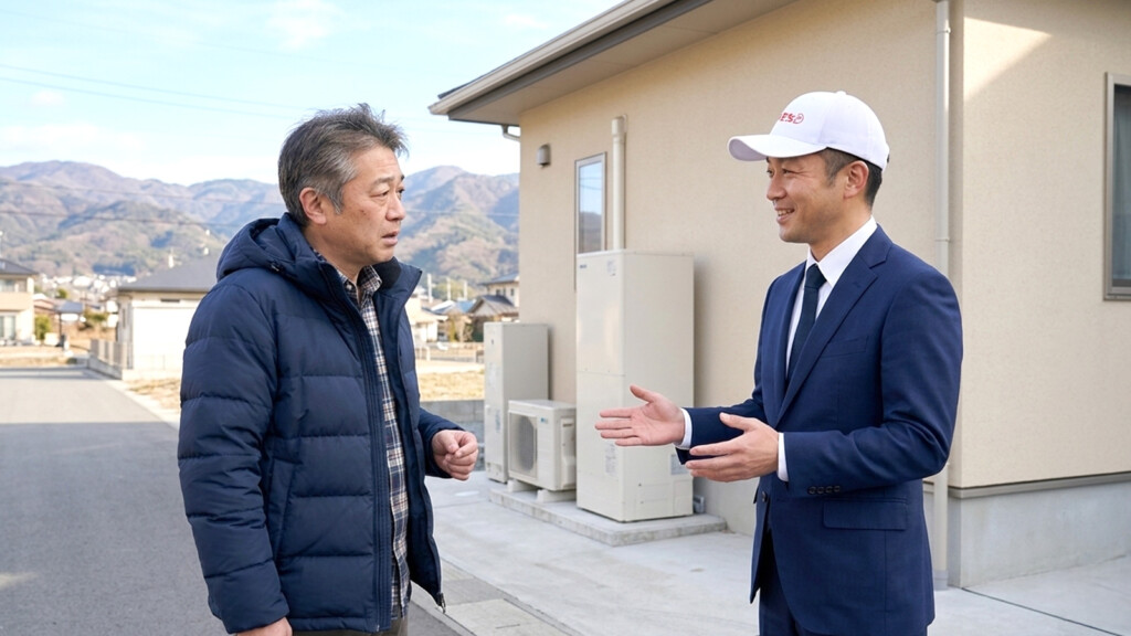 甲斐市の住宅で追いだき不調について相談する住人と作業員