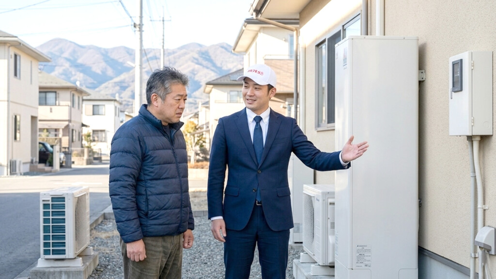 山梨市の住宅でブレーカー不調について相談する住人と作業員