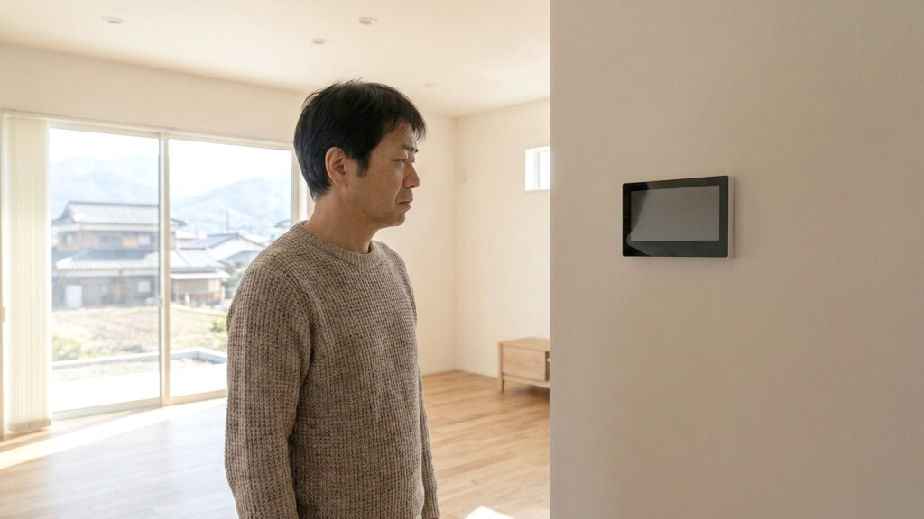 甲州市の住宅で表示が消えたリモコンを見て困っている様子