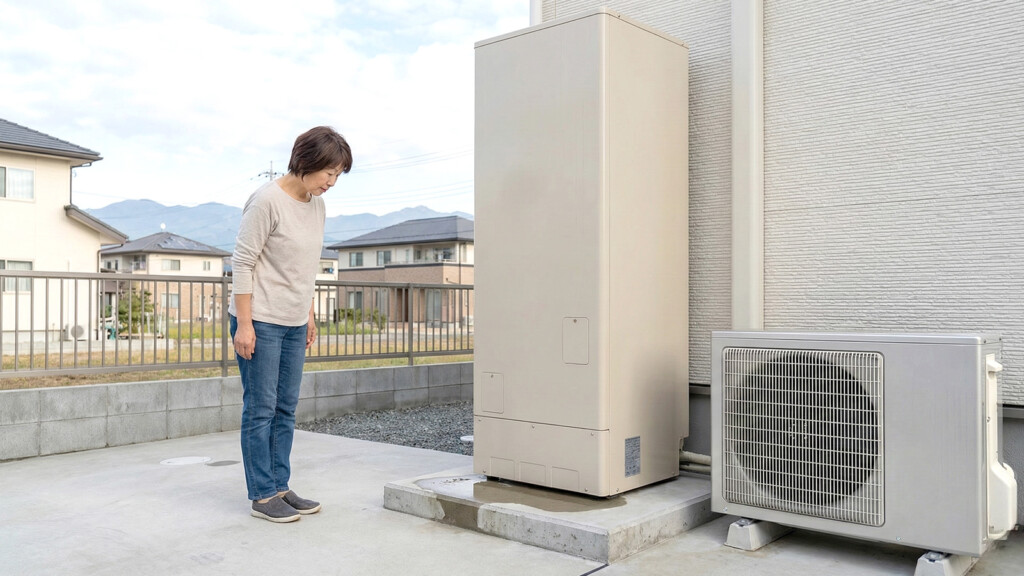 甲府の住宅でエコキュートの足元の濡れに気づいている様子