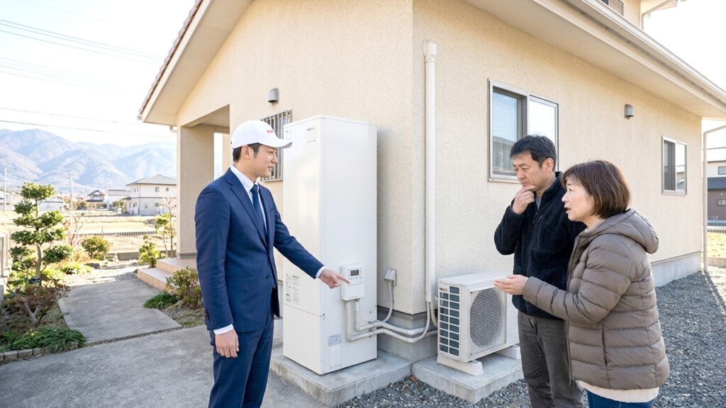 甲府市の住宅でエコキュートを見ながら修理か交換かを検討しているイメージ