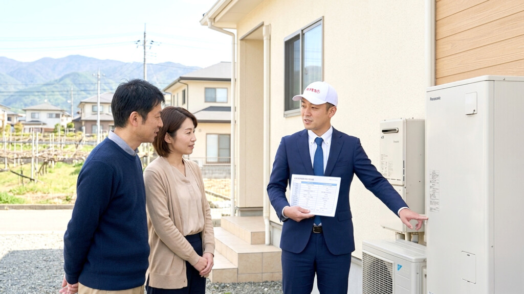 山梨県の住宅で給湯設備を見ながら比較相談しているイメージ