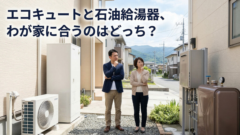 エコキュートと石油給湯器のどちらが自宅に合うか夫婦が比較しているイメージ
