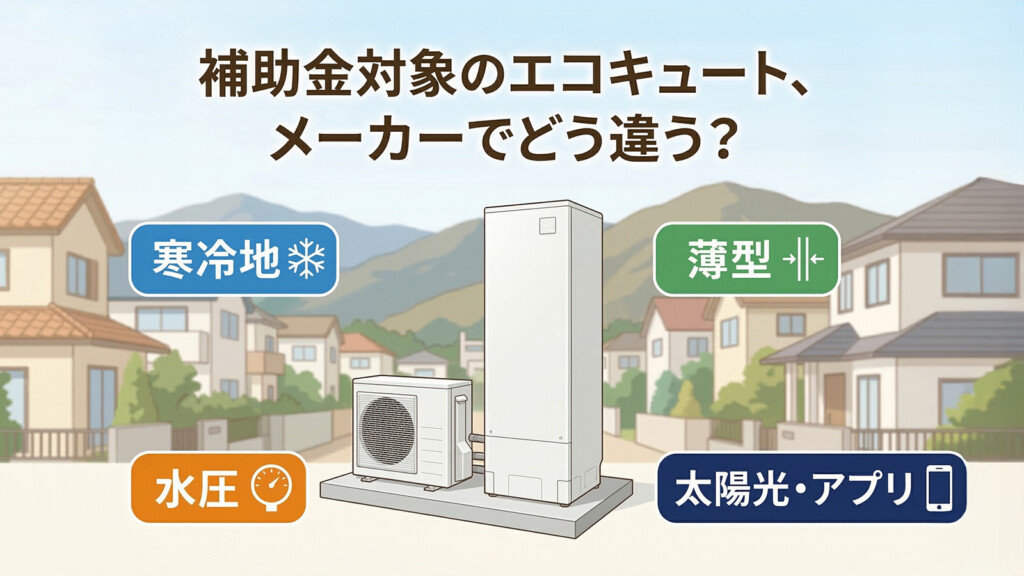 補助金対象のエコキュートをメーカーごとの特徴で比較するイメージ