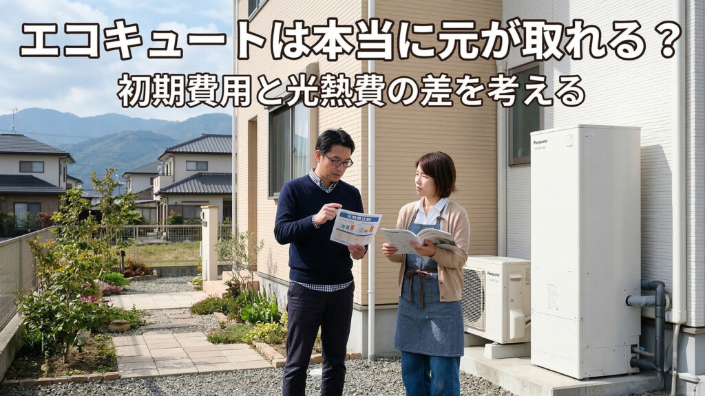 エコキュートの前で費用面を考えている夫婦のイメージ