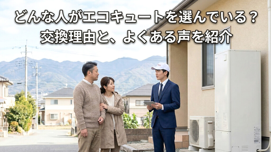 エコキュートの前で交換理由を相談している夫婦のイメージ