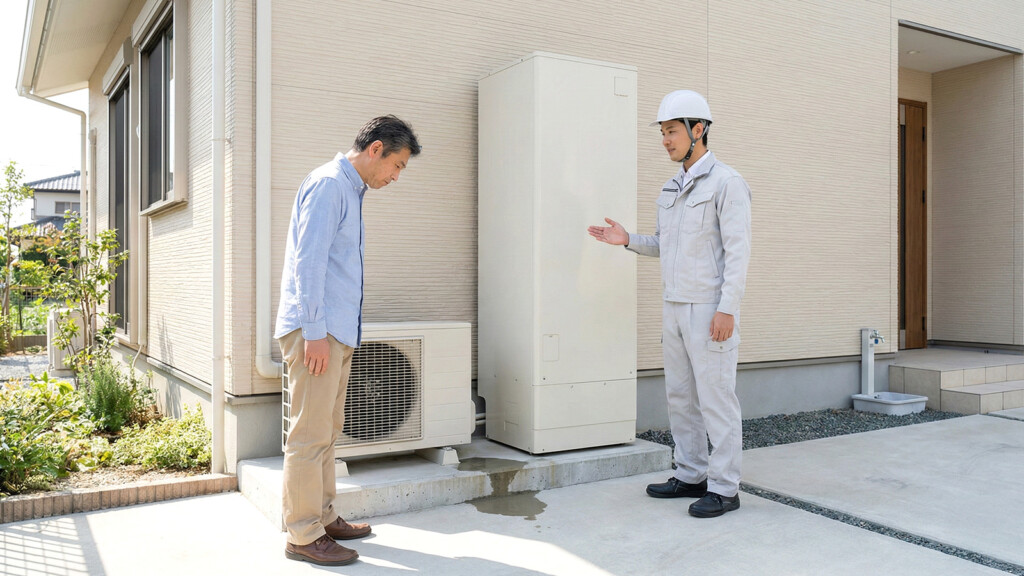 エコキュートの水漏れについて説明を受ける住人