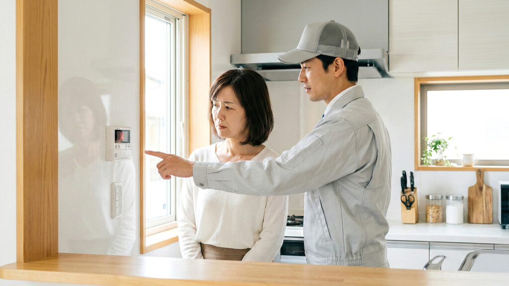 リモコンのエラー表示について説明を受ける住人