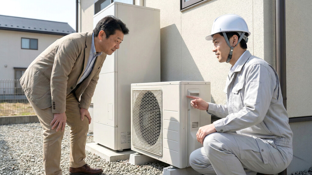 エコキュートの異音について説明を受ける住人