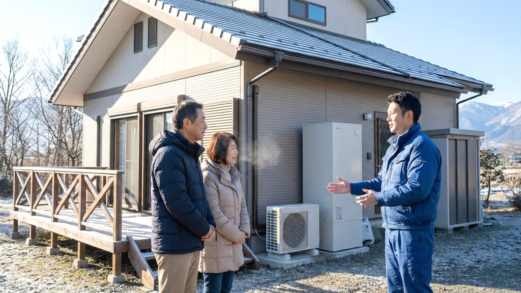 冬の設置環境について説明を受けながら確認する住人