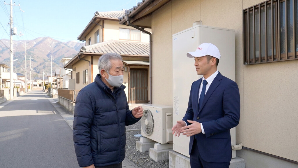 韮崎市の住宅でヒートポンプ停止について説明を受ける住人と作業員