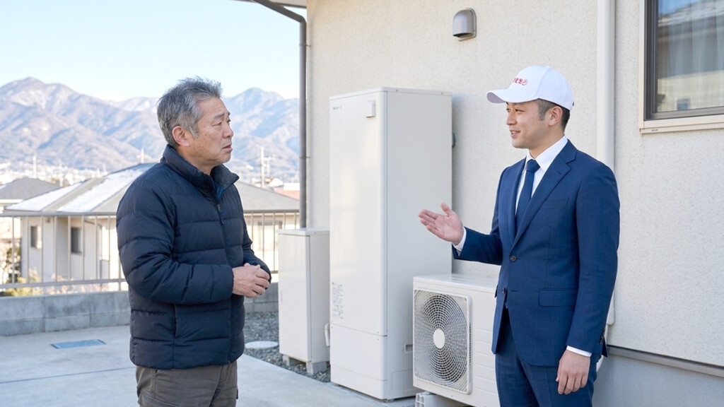 甲府でお湯がぬるい相談をする住人と作業員