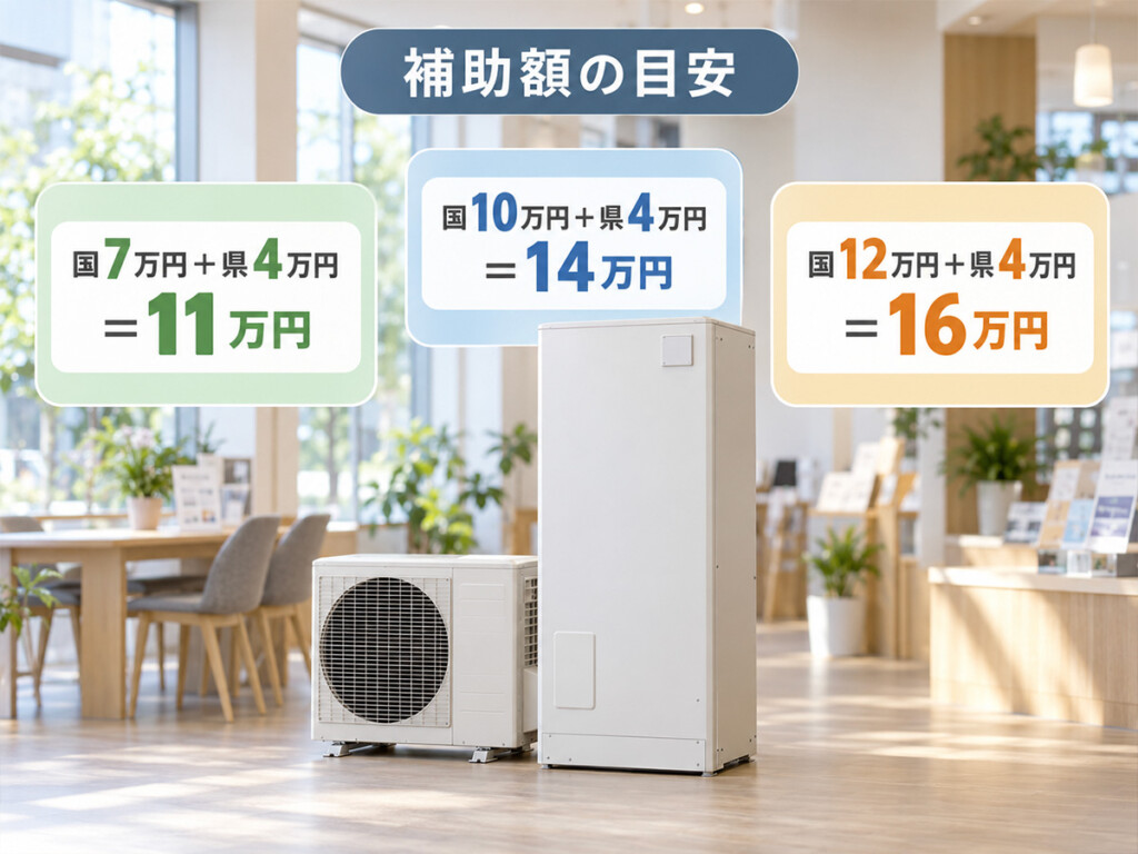 2026年のエコキュート補助金で国7万円から12万円と山梨県4万円を組み合わせた補助額早見図