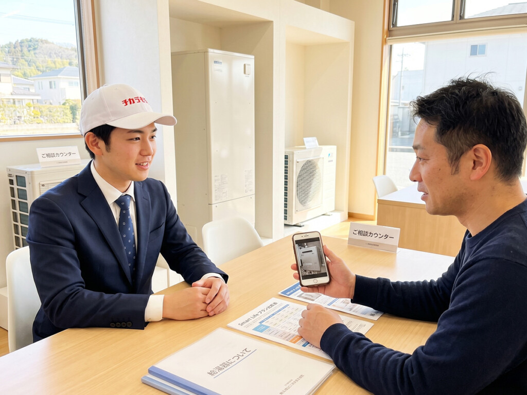 チカラもち甲府店でスマートライフS/Lと給湯器のことを相談しているイメージ