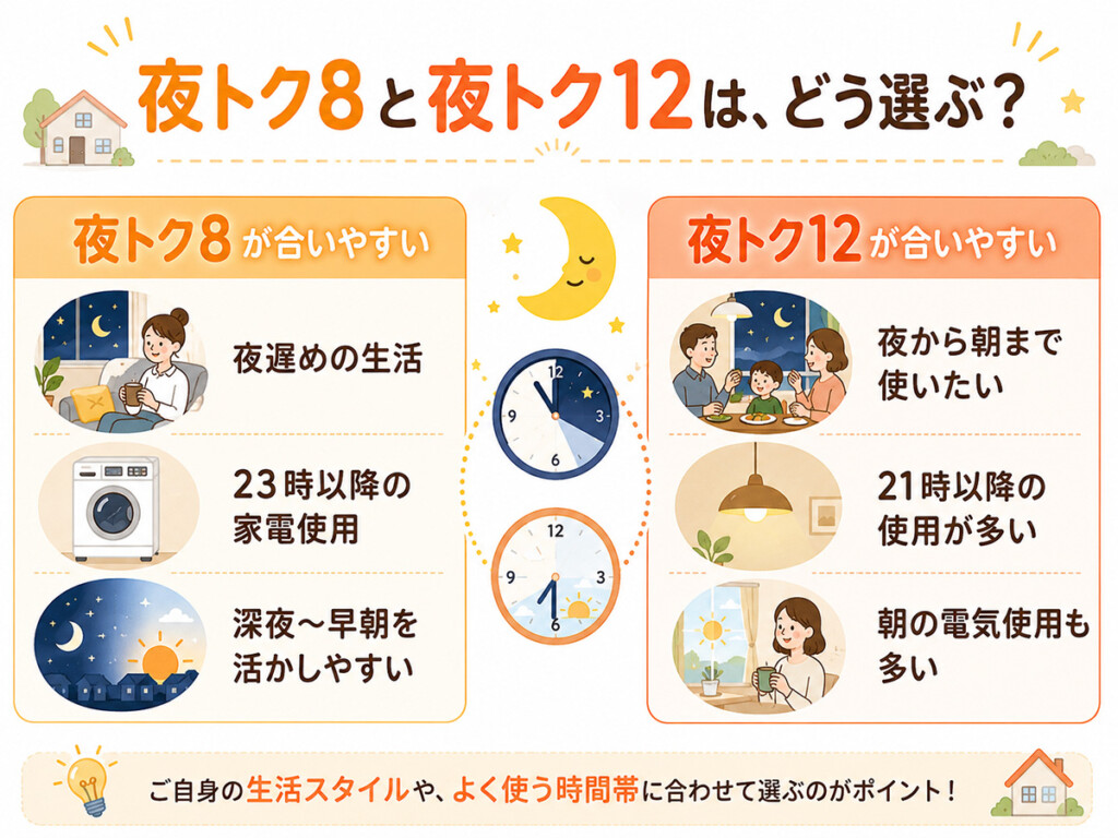 夜トク8と夜トク12の向きやすい家庭の違いをまとめた図解