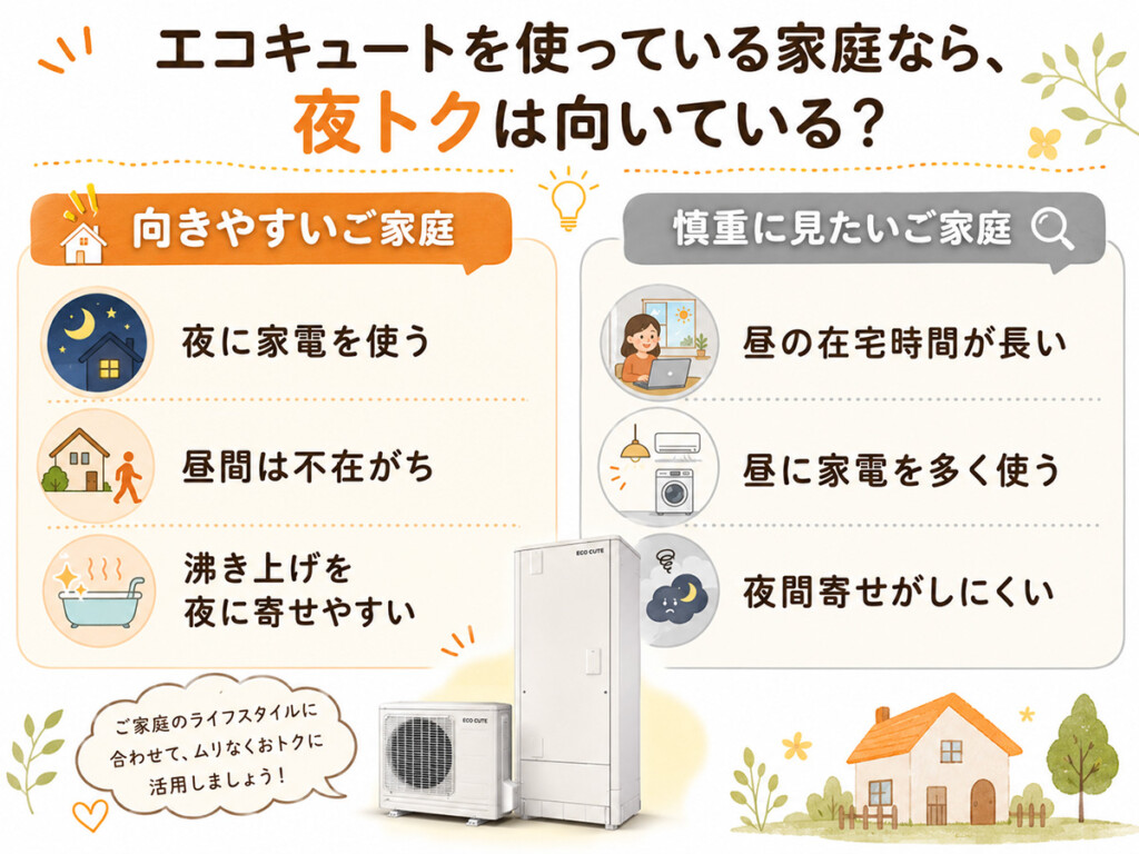 夜トクが向きやすい家庭と慎重に見たい家庭を比較した図解