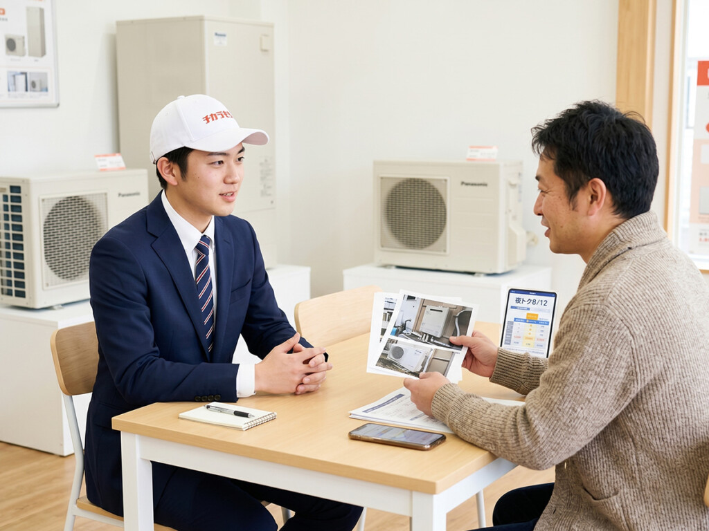 チカラもち甲府店で夜トクとエコキュートのことを相談しているイメージ