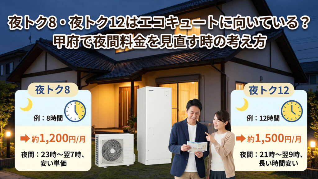 夜トク8・夜トク12とエコキュートの関係を比較しているイメージ