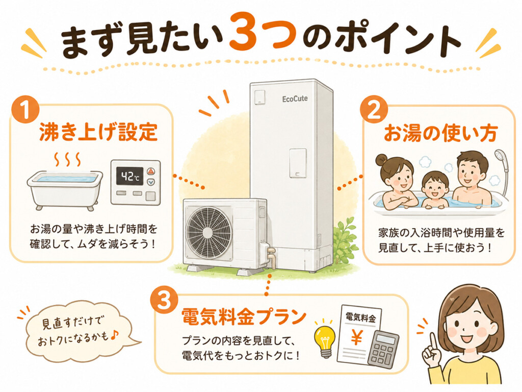エコキュートの電気代が高い時にまず見たい3つのポイントをまとめた図解