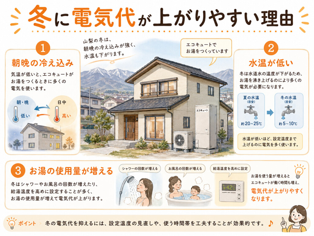 冬の山梨でエコキュートの電気代が上がりやすい理由をまとめた図解