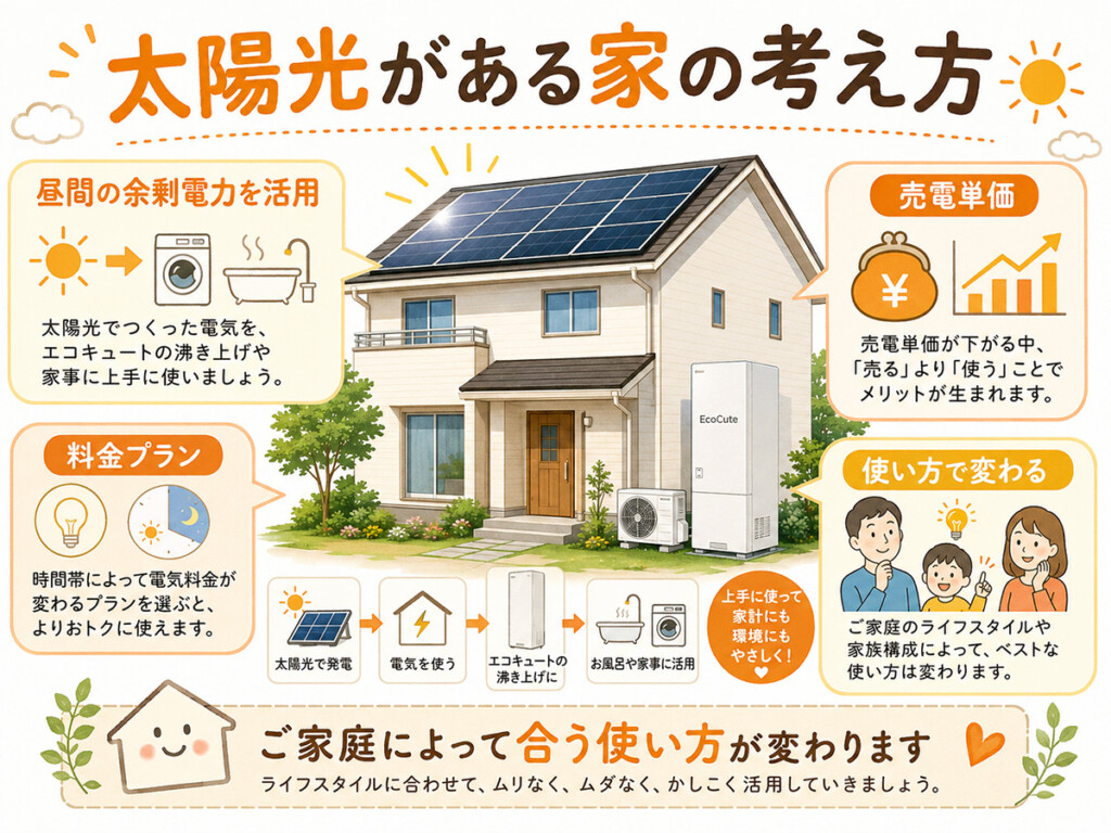 太陽光発電がある家庭でのエコキュート昼間沸き上げの考え方をまとめた図解