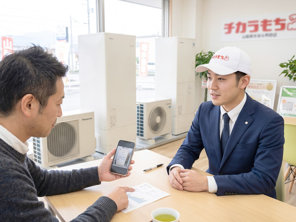 チカラもち甲府店でエコキュートの電気代について相談しているイメージ