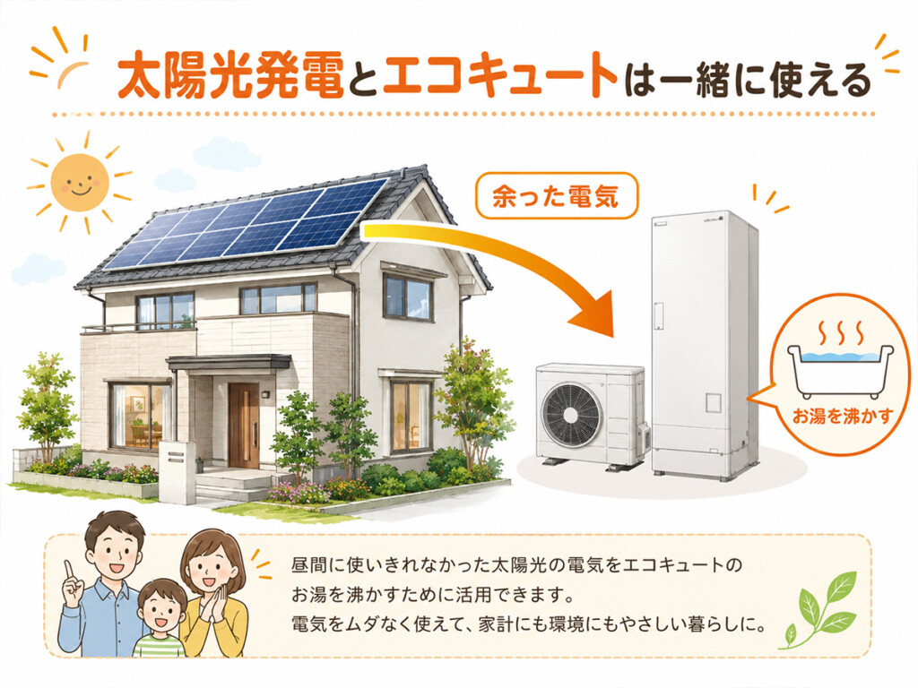 太陽光発電で作った電気をエコキュートに活用する仕組みの図解