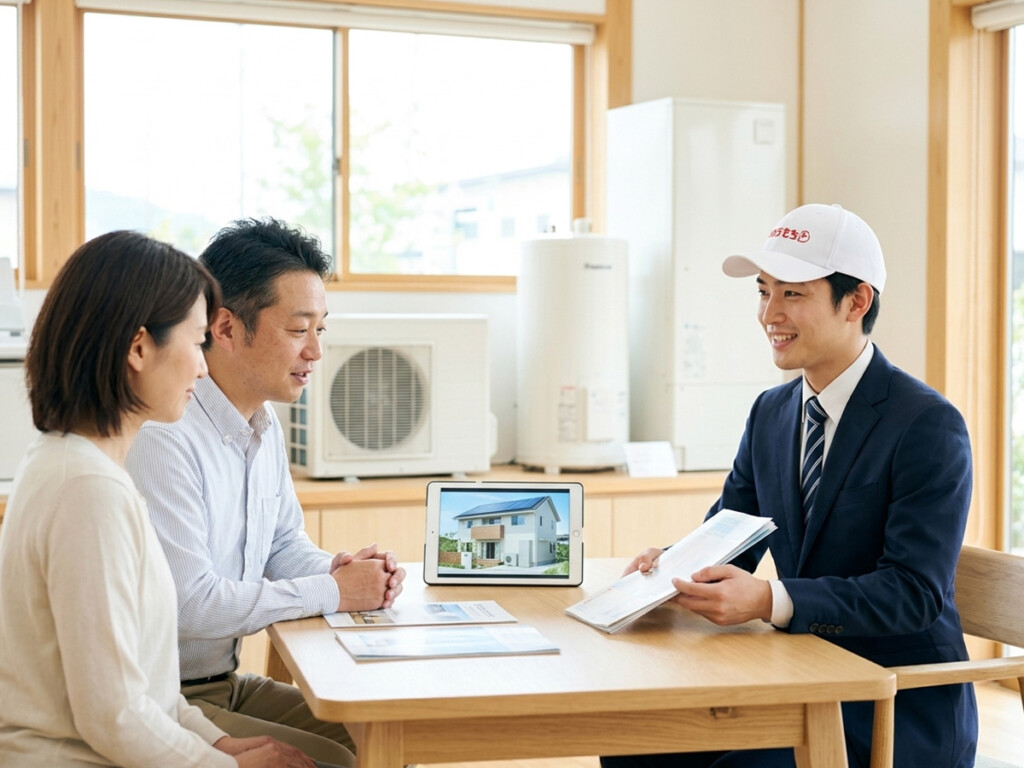 チカラもち甲府店で太陽光発電とエコキュートの使い方について相談している様子