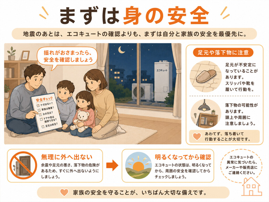 地震後にエコキュートを確認する前に身の安全を優先する図解
