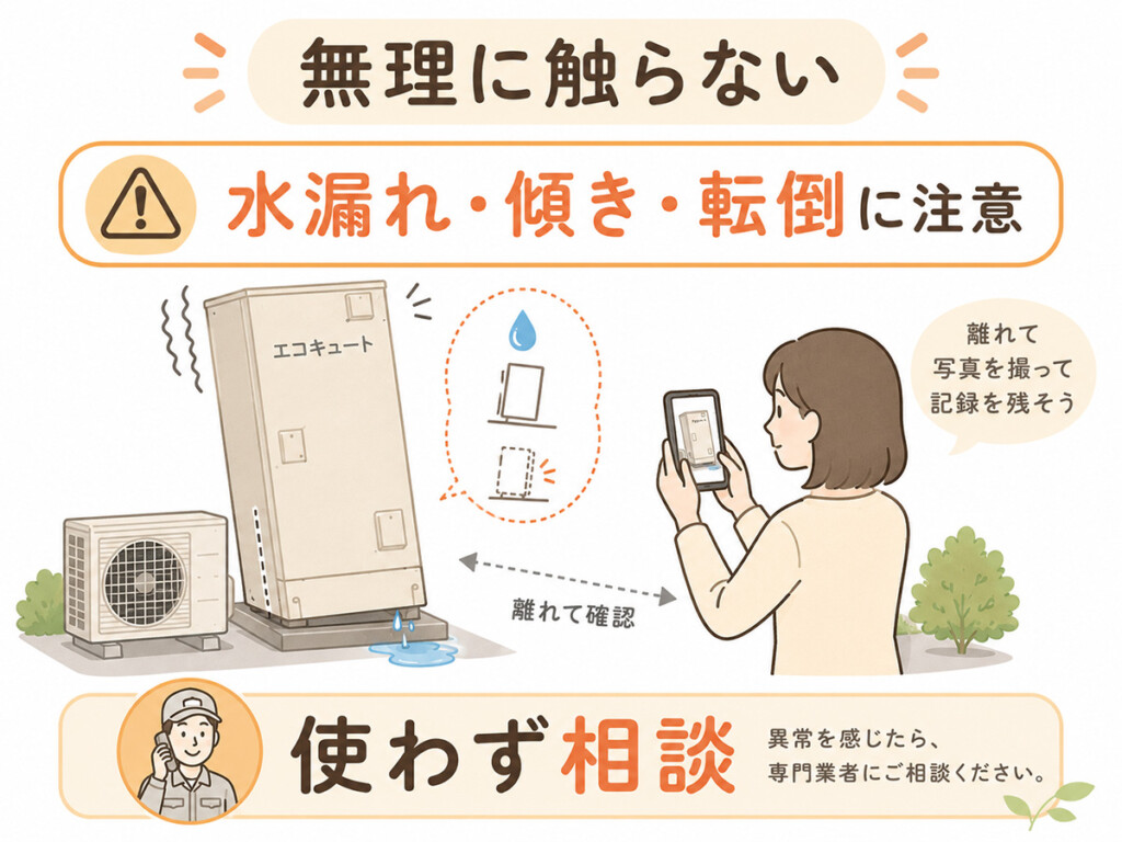地震後にエコキュートの水漏れや傾きがある場合は無理に触らず相談する図解